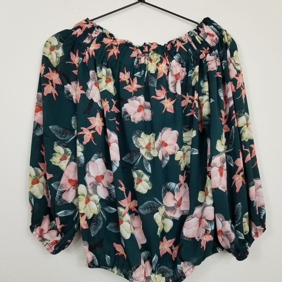 Philosophy | Anthropologie Green Floral Off Shoulder Blouse - Picture 2 of 7